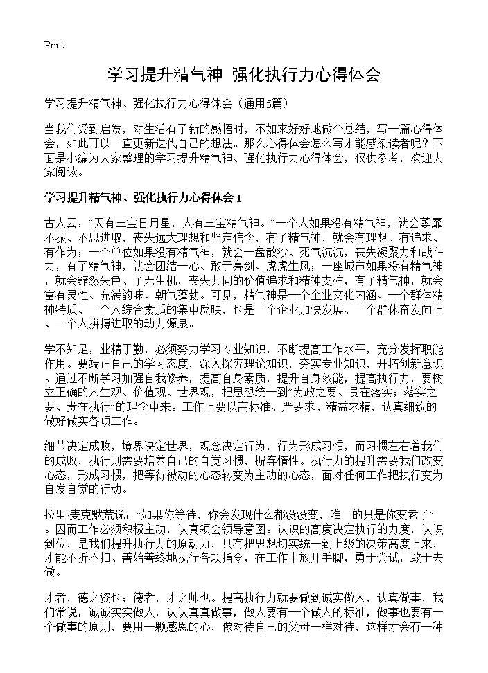 学习提升精气神 强化执行力心得体会5篇