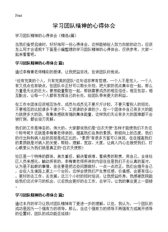 学习团队精神的心得体会6篇