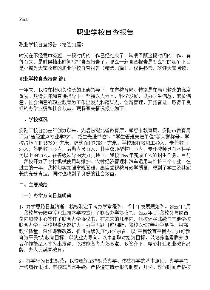 职业学校自查报告11篇