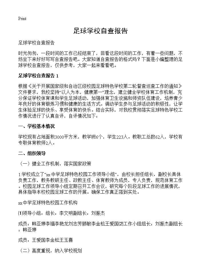 足球学校自查报告