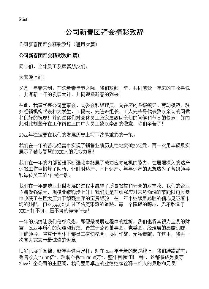 公司新春团拜会精彩致辞30篇