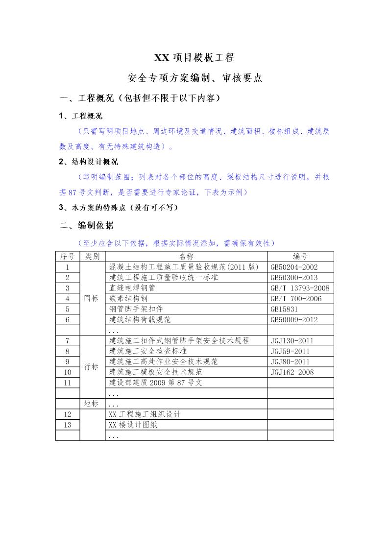 XX项目模板工程施工方案编制 审核要点号