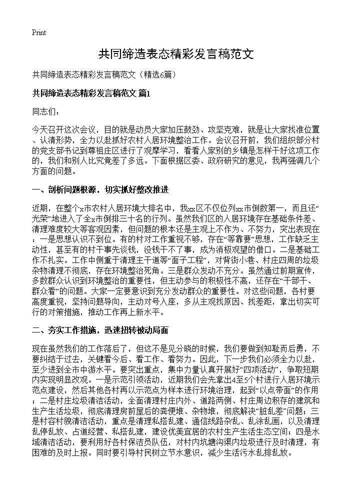 共同缔造表态精彩发言稿范文6篇