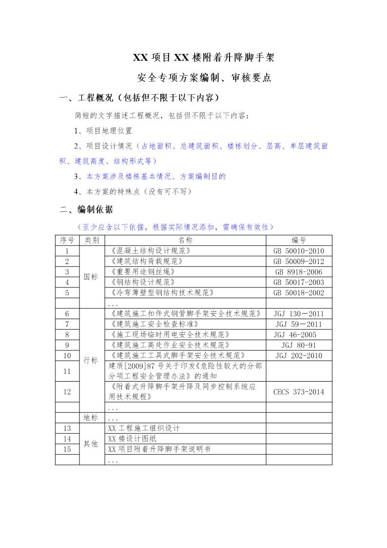 XX项目附着升降脚手架安全专项施工方案编制 审核要点号