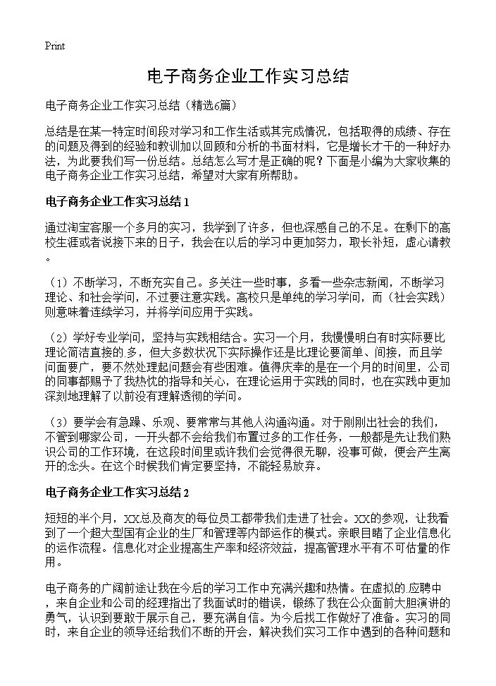 电子商务企业工作实习总结6篇