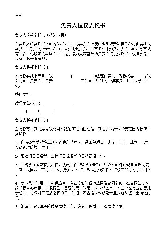 负责人授权委托书28篇