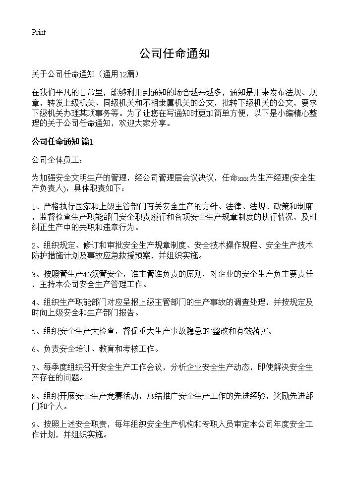 公司任命通知12篇