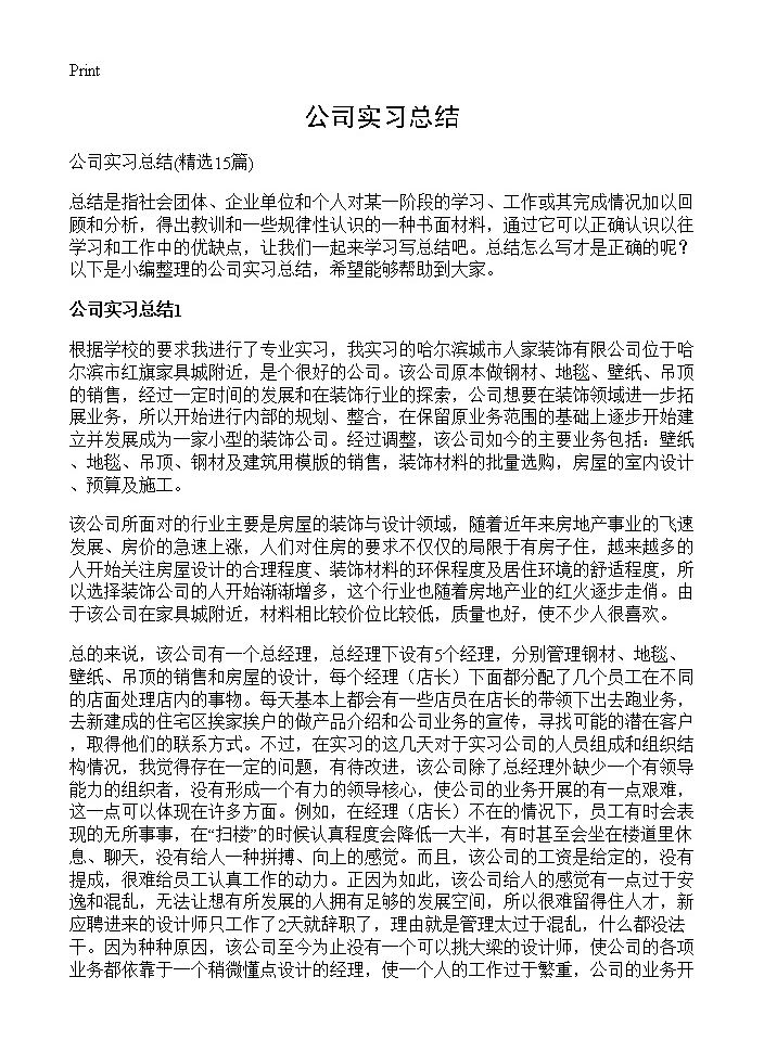 公司实习总结15篇