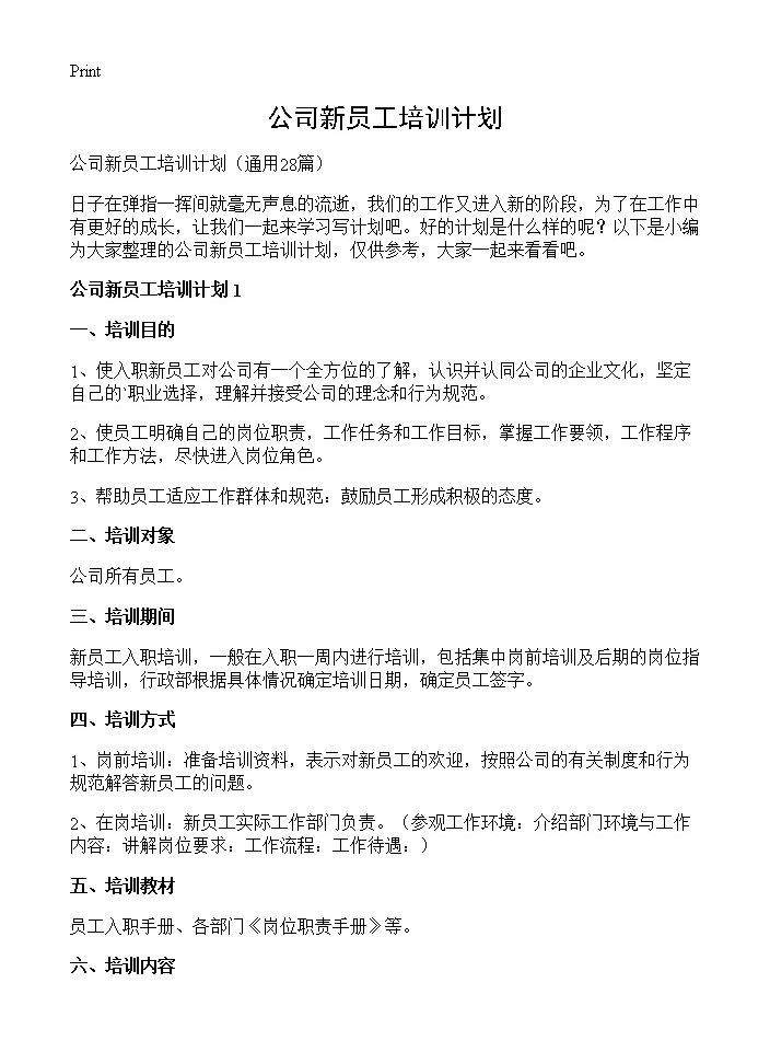 公司新员工培训计划28篇