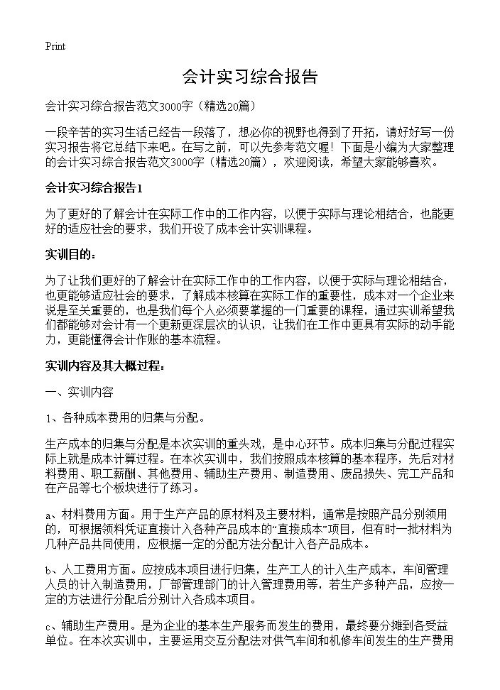 会计实习综合报告20篇