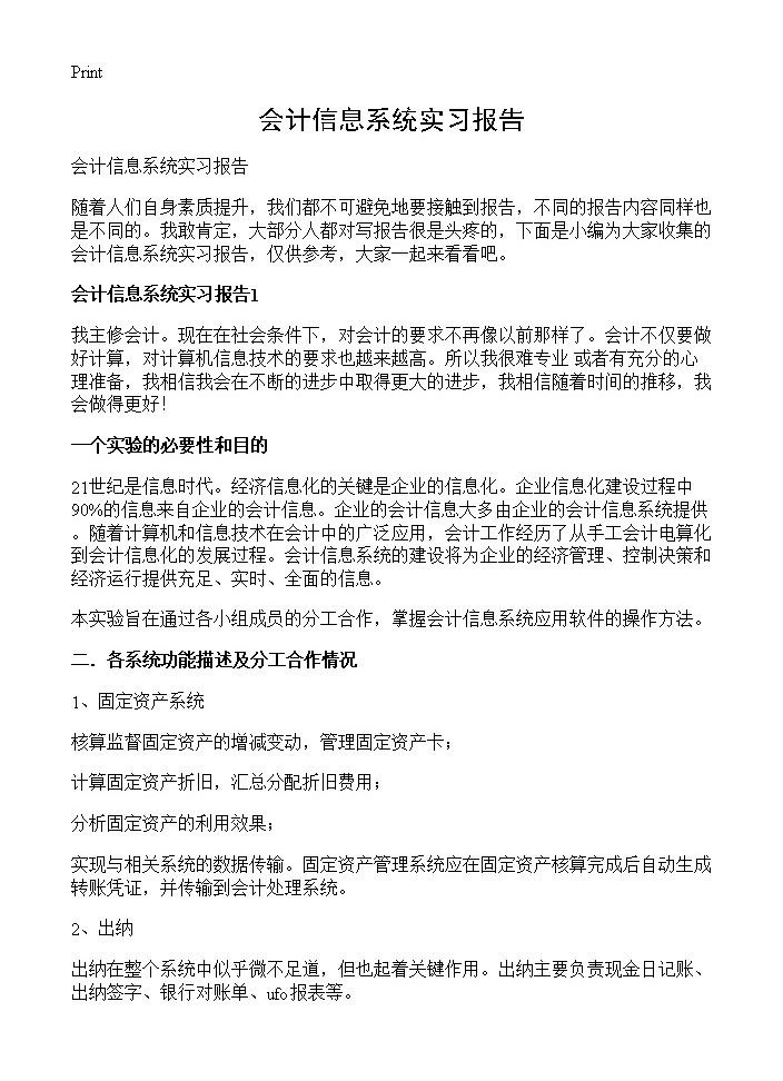 会计信息系统实习报告