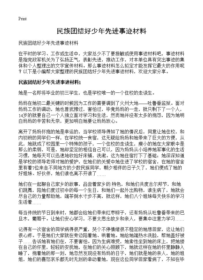 民族团结好少年先进事迹材料