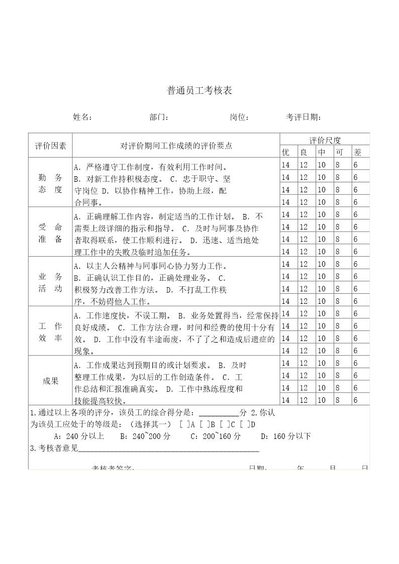 普通员工考核表