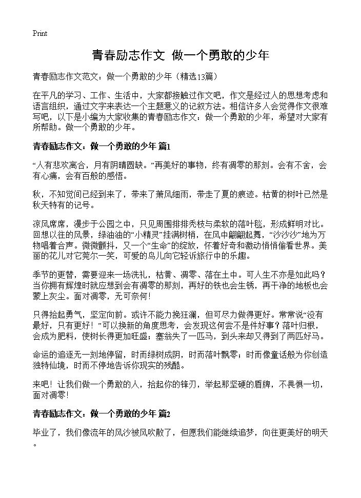 青春励志作文 做一个勇敢的少年13篇