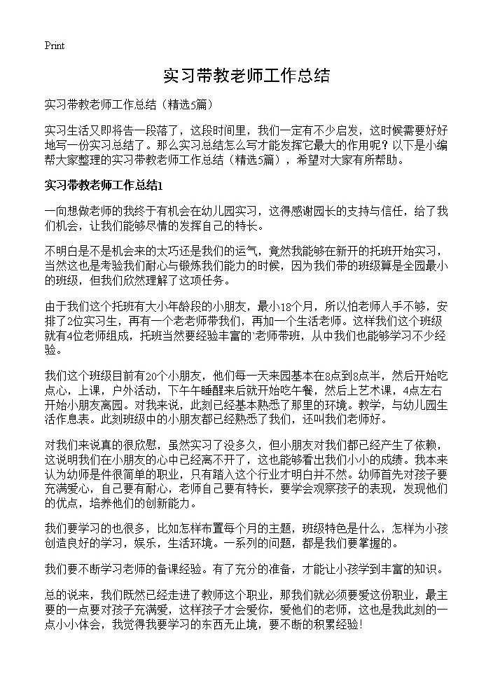 实习带教老师工作总结5篇