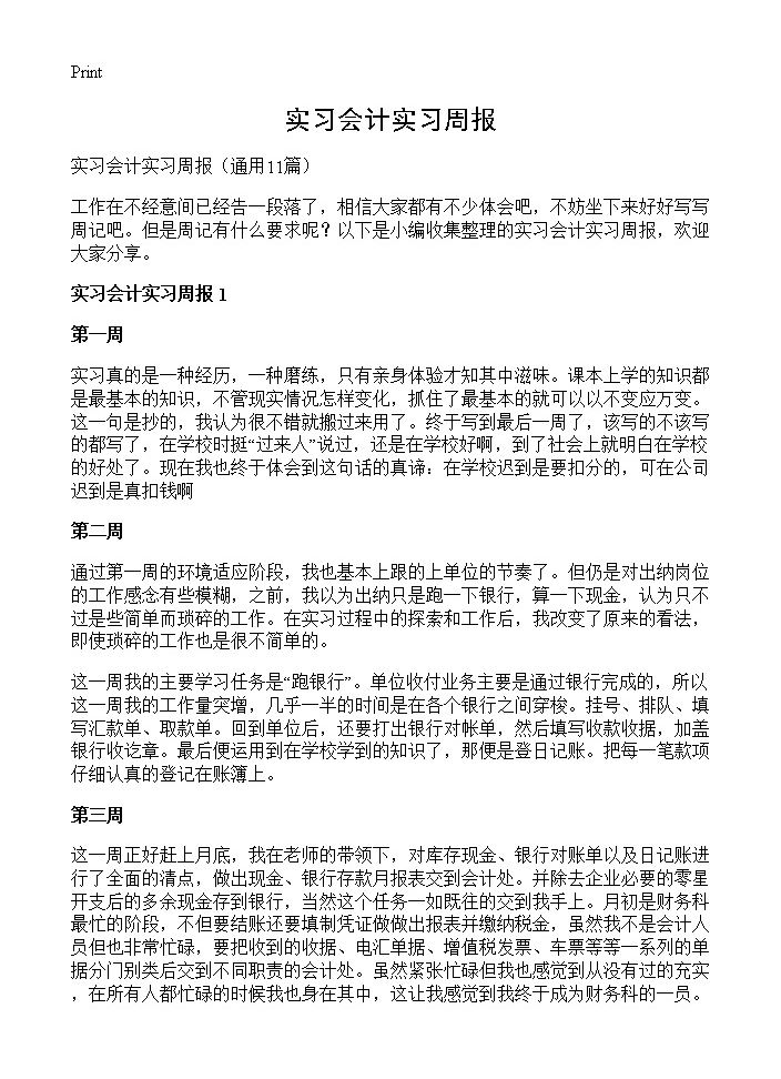 实习会计实习周报11篇