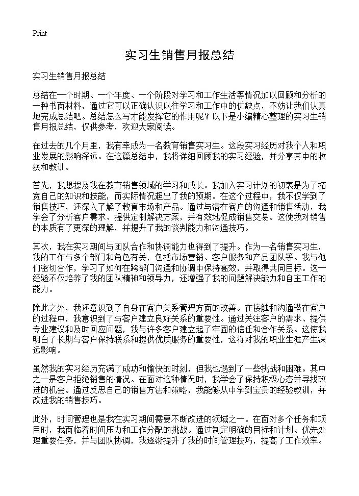 实习生销售月报总结