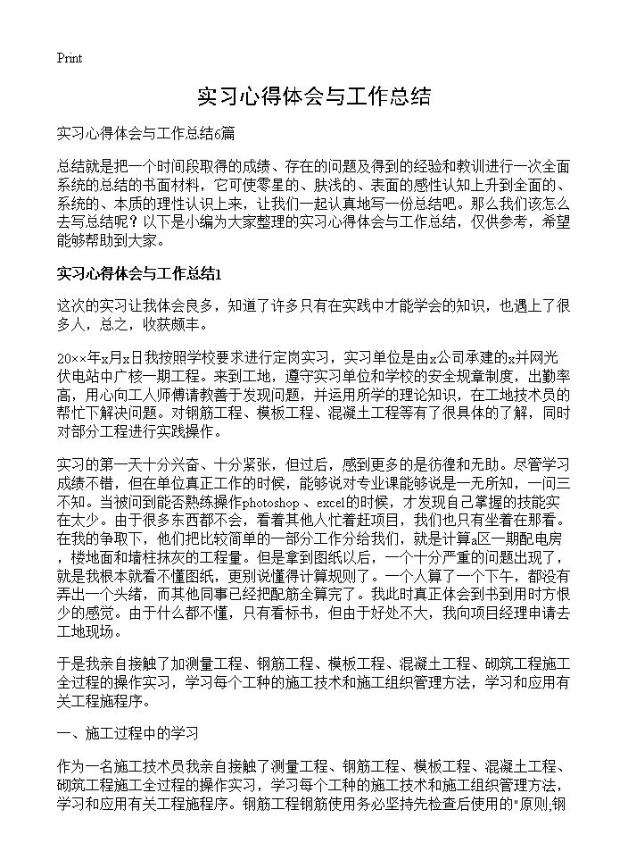 实习心得体会与工作总结