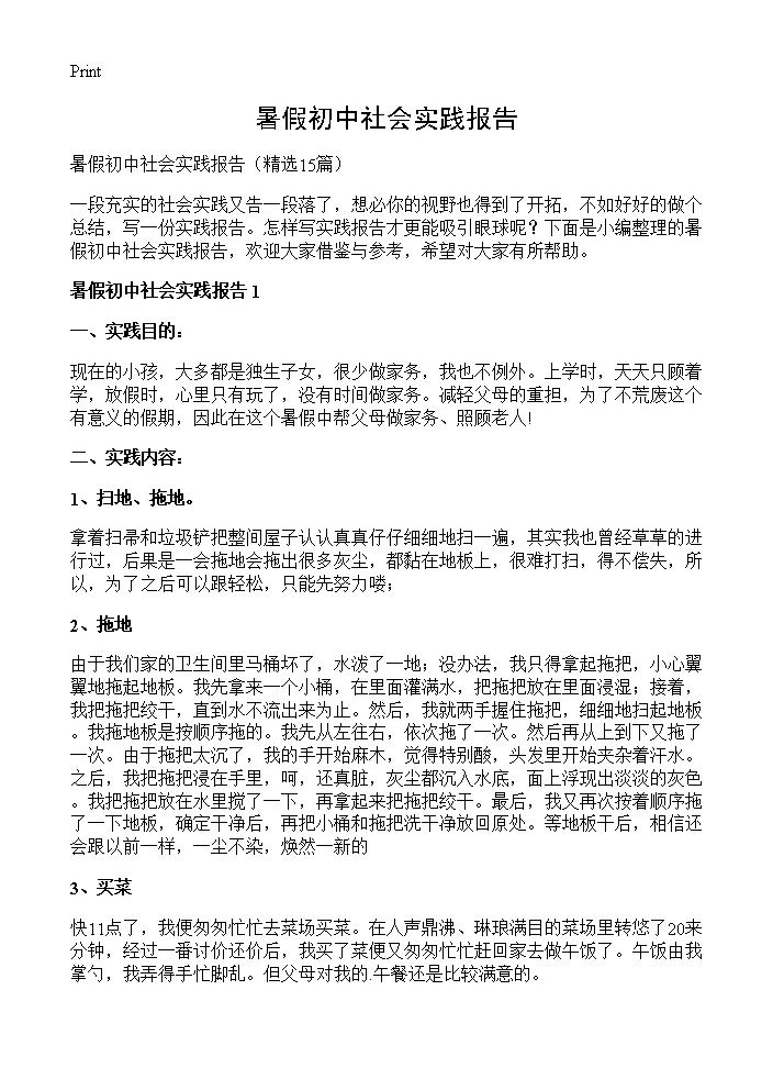 暑假初中社会实践报告15篇