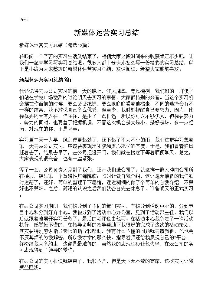 新媒体运营实习总结12篇