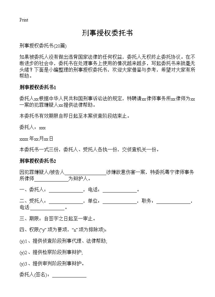 刑事授权委托书20篇