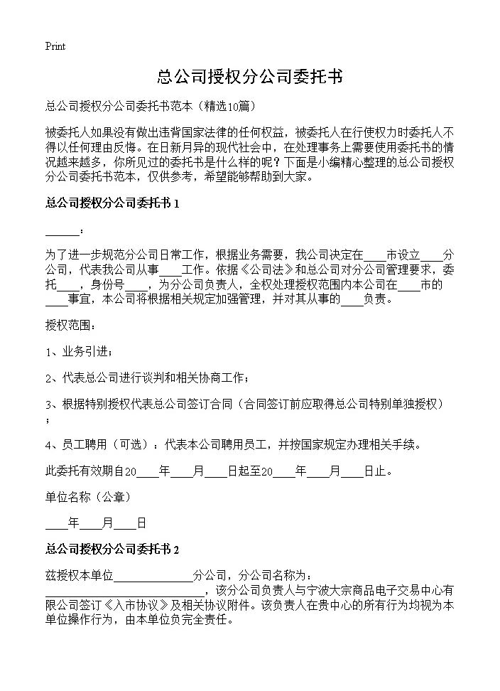 总公司授权分公司委托书10篇