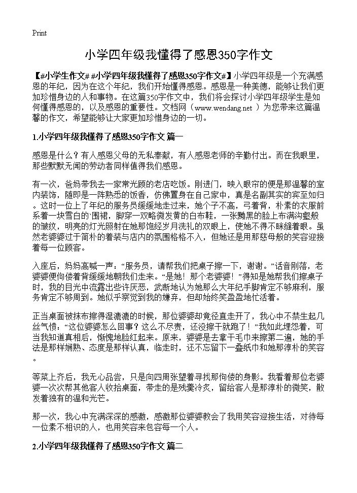 小学四年级我懂得了感恩350字作文