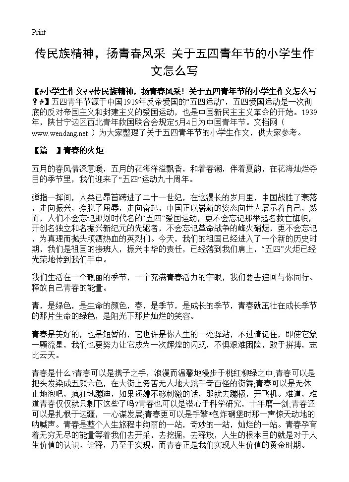 传民族精神，扬青春风采关于五四青年节的小学生作文怎么写？