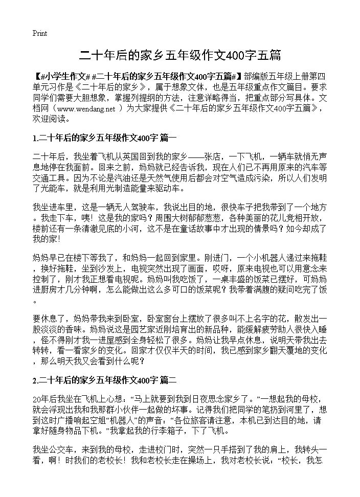 二十年后的家乡五年级作文400字五篇