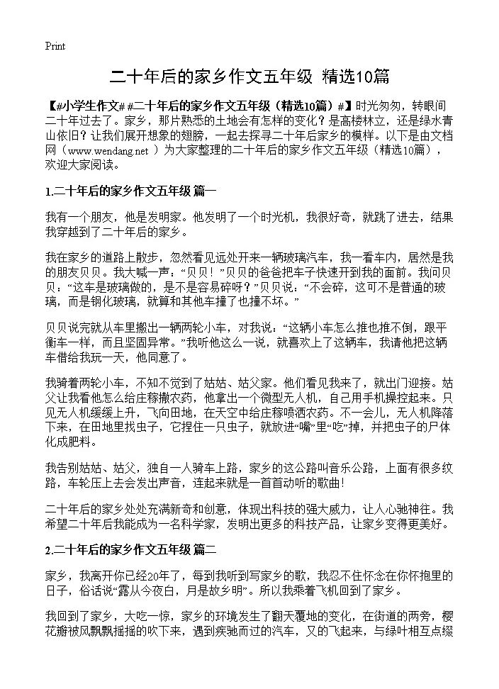 二十年后的家乡作文五年级10篇