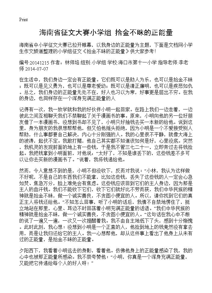 海南省征文大赛小学组 拾金不昧的正能量