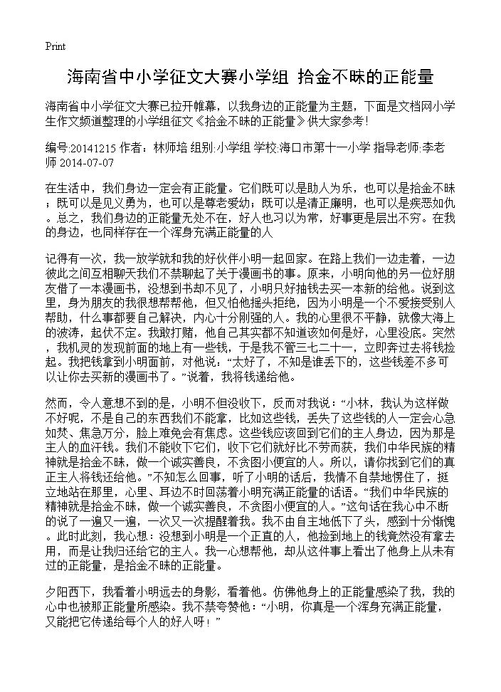 海南省中小学征文大赛小学组 拾金不昧的正能量