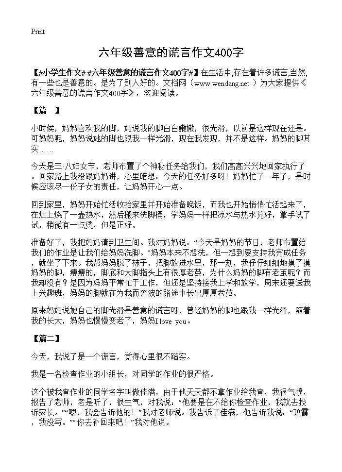 六年级善意的谎言作文400字