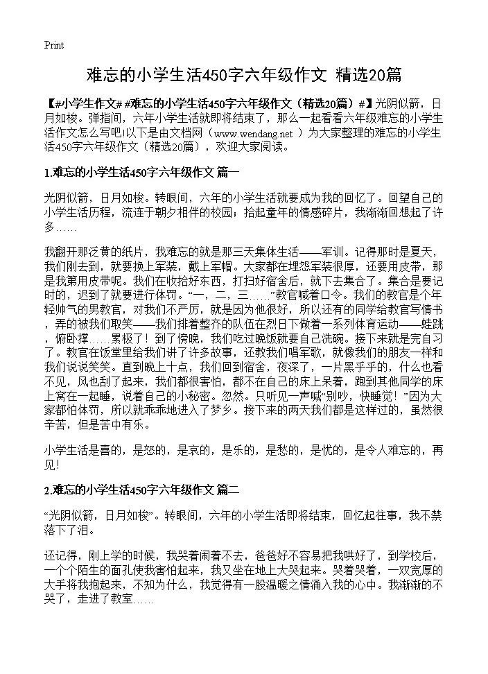 难忘的小学生活450字六年级作文20篇