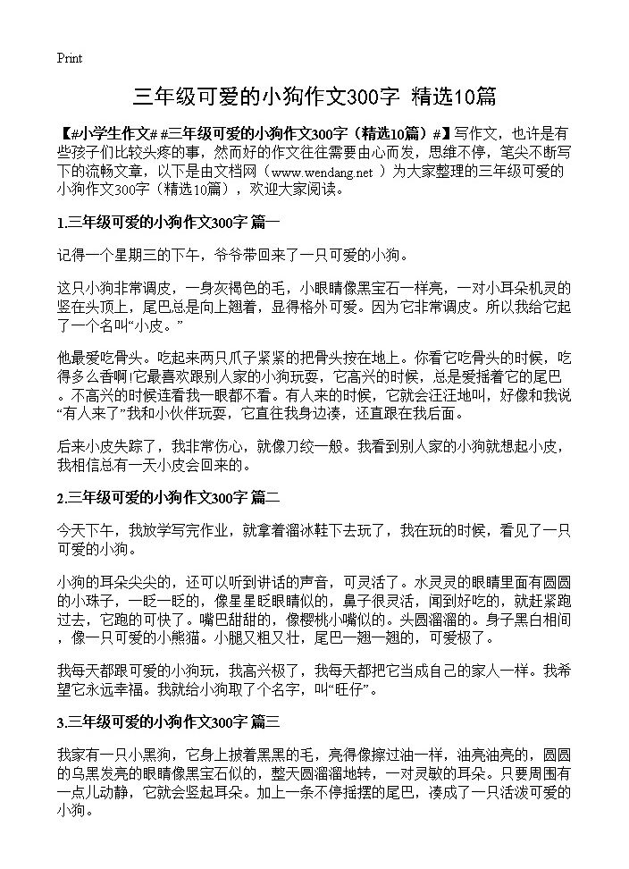 三年级可爱的小狗作文300字10篇