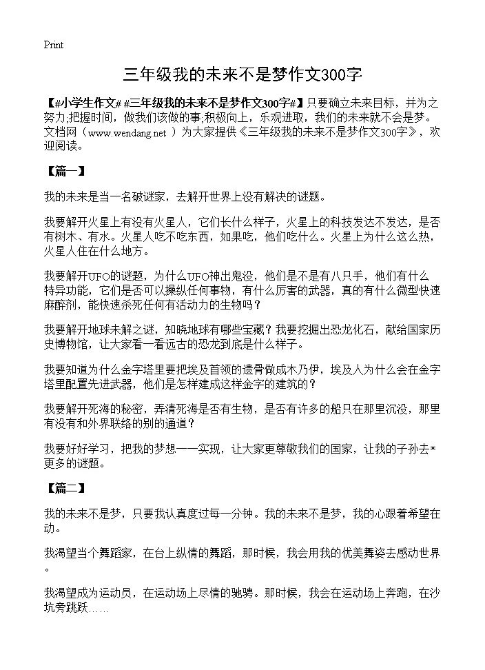 三年级我的未来不是梦作文300字