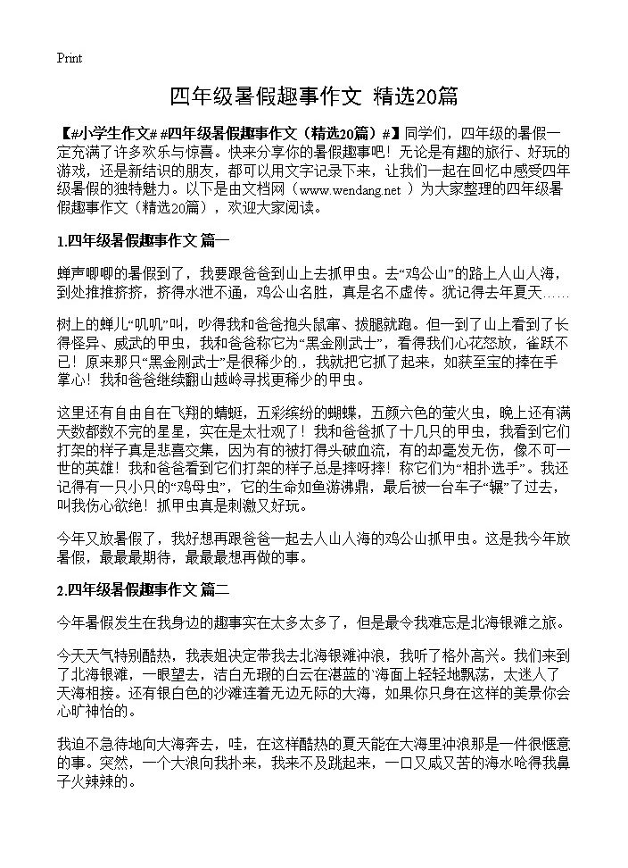 四年级暑假趣事作文20篇