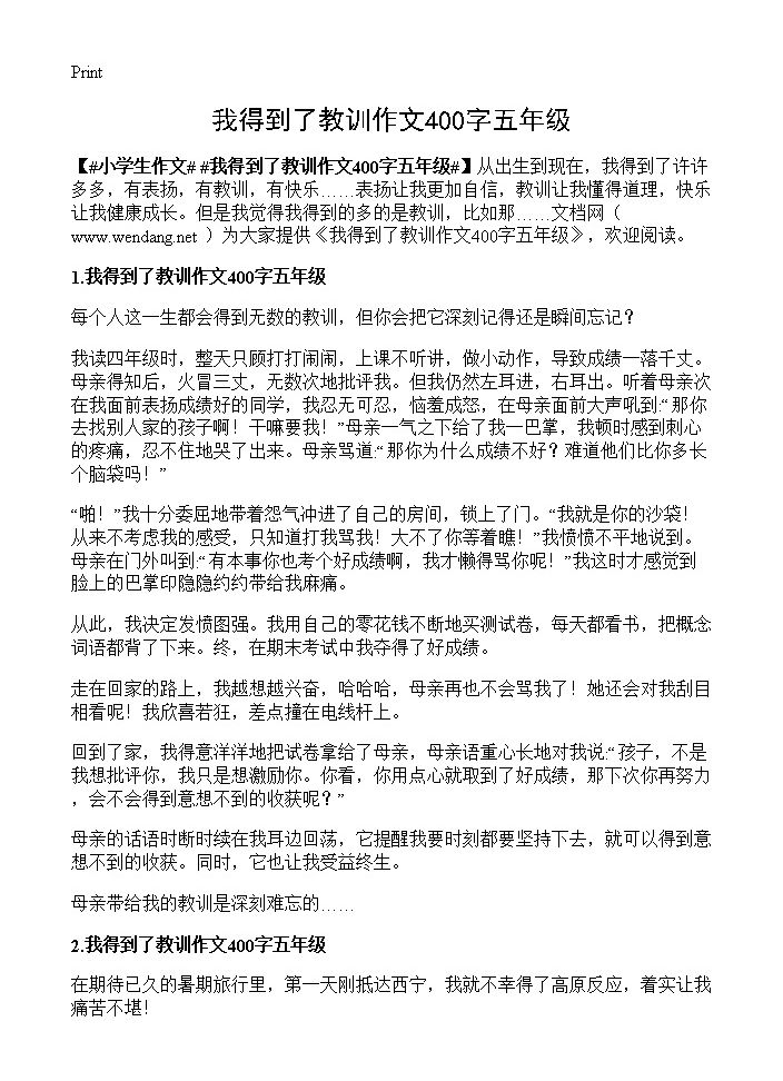 我得到了教训作文400字五年级