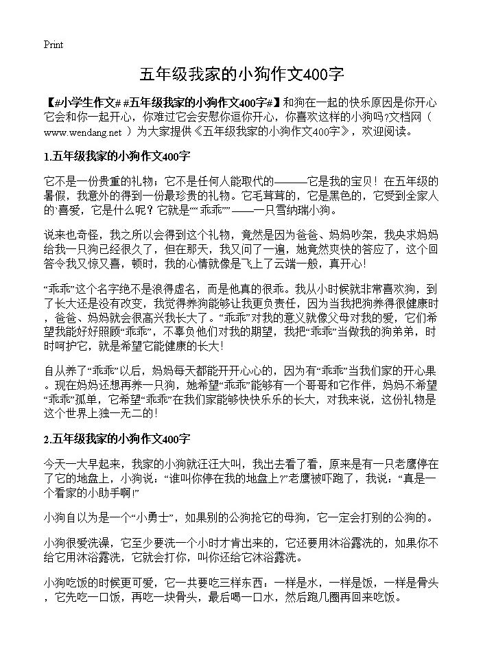 五年级我家的小狗作文400字