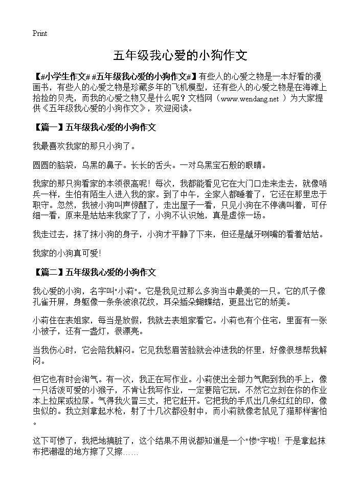 五年级我心爱的小狗作文