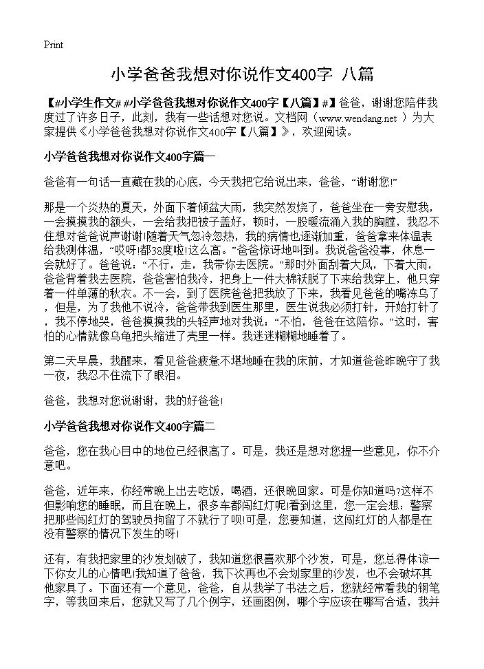 小学爸爸我想对你说作文400字