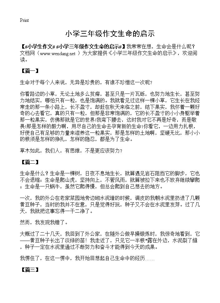 小学三年级作文生命的启示