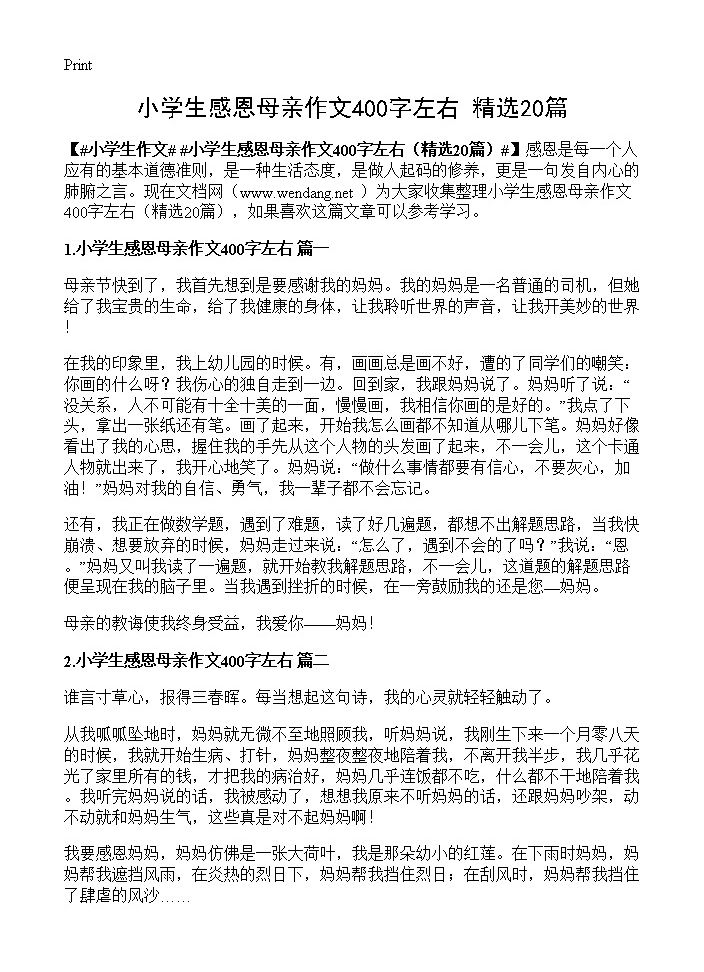 小学生感恩母亲作文400字左右20篇