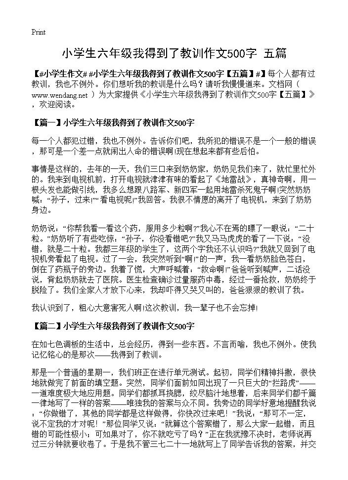 小学生六年级我得到了教训作文500字