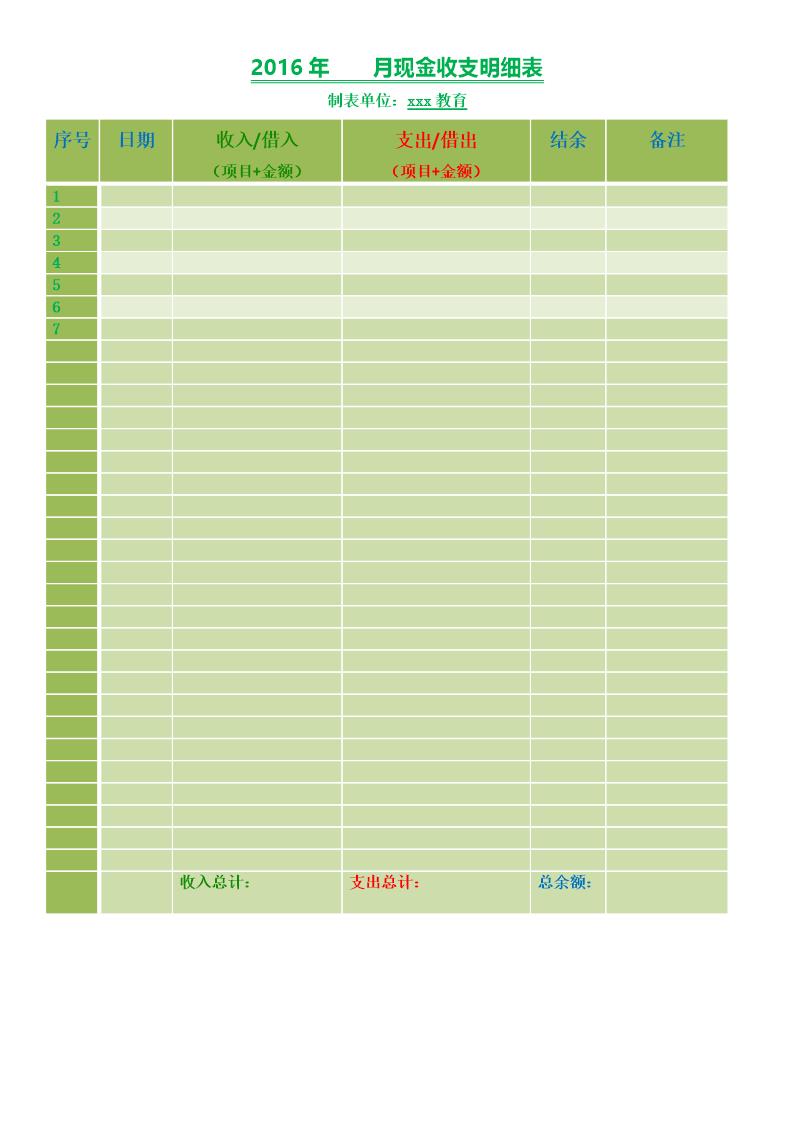 辅导机构 托管班等 现金收支明细表(记账用)