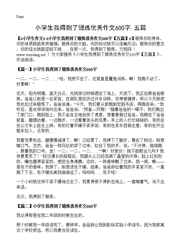 小学生我得到了锻炼优秀作文600字