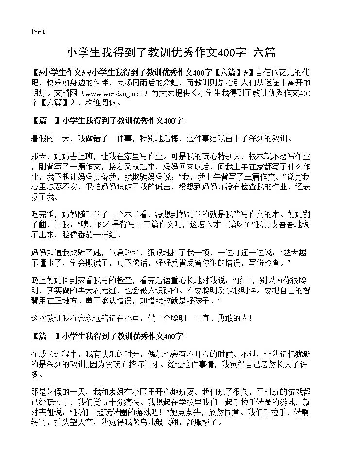 小学生我得到了教训优秀作文400字