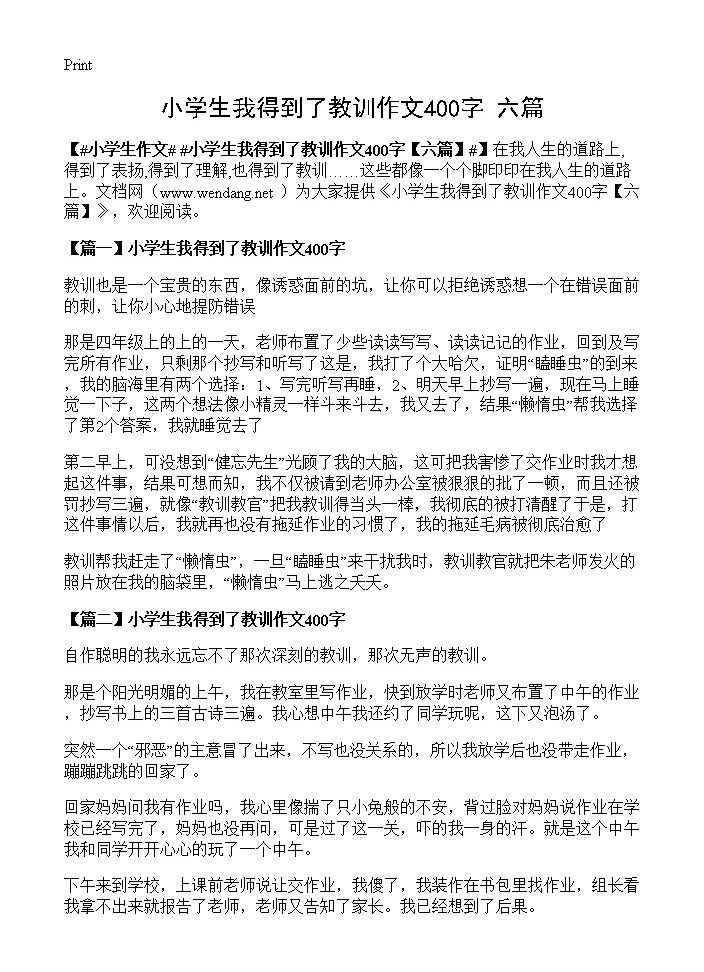 小学生我得到了教训作文400字