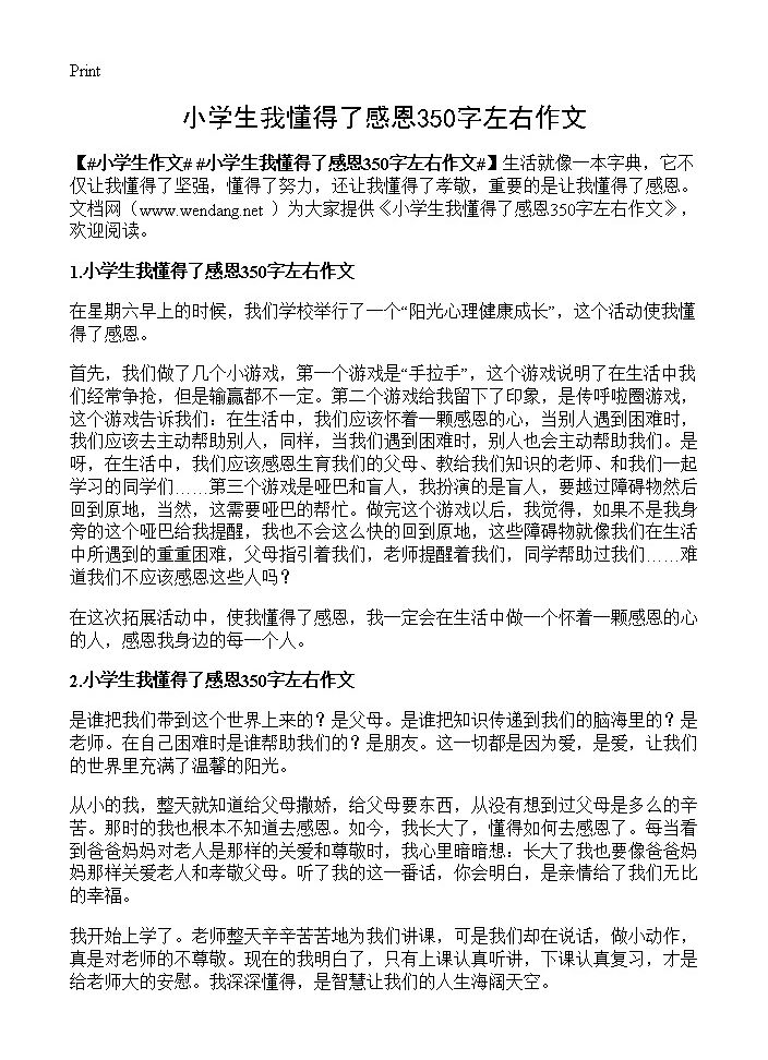 小学生我懂得了感恩350字左右作文