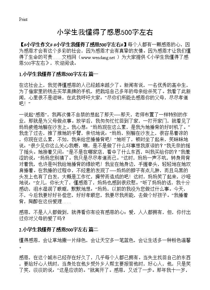 小学生我懂得了感恩500字左右